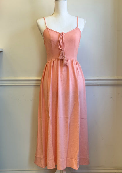 peach lace up back midi dress