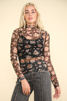 Floral Mock Neck Sheer Mesh Top