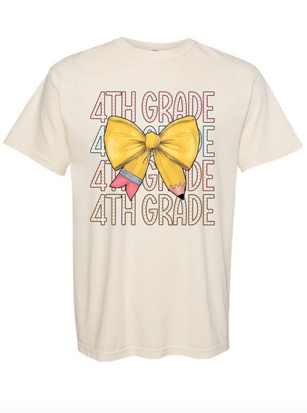 ADULT Pre-K to 6th Grade Pencil Bow T-Shirt Tan