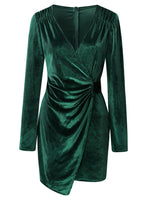 Velvet Ruched Surplice Long Sleeve Mini Dress