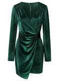 Velvet Ruched Surplice Long Sleeve Mini Dress