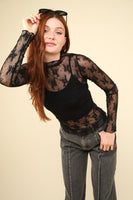 Mock Neck Fitted Sheer Mesh Lace Top