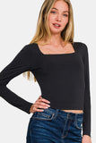 Black Square Neck Long Sleeve Top