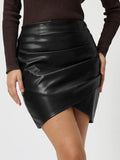 Faux Leather Ruched Asymmetrical Hem Skirt