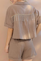 taupe linen rhinestone top