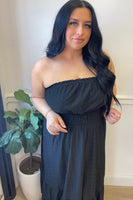 black strapless pointelle dress