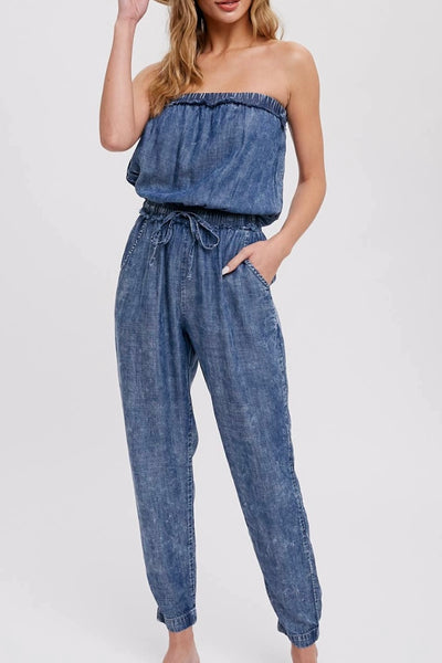 denim wash strapless jumpsuit