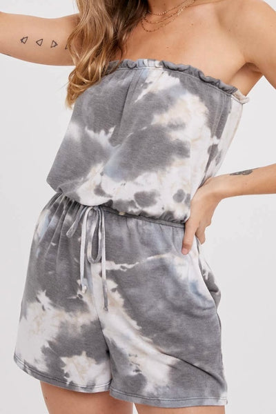 gray tie dye wash strapless romper