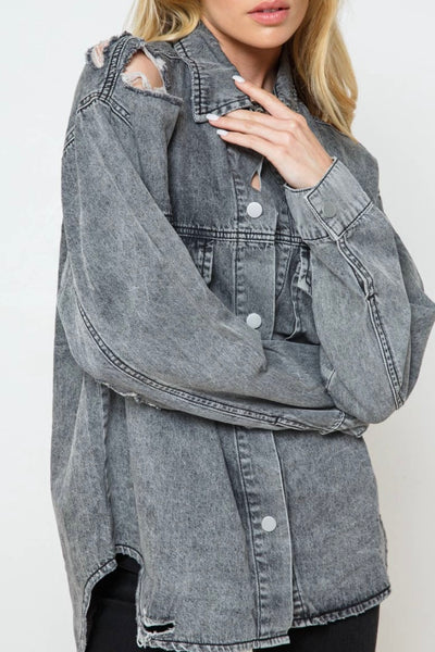 grey distressed light denim jacket