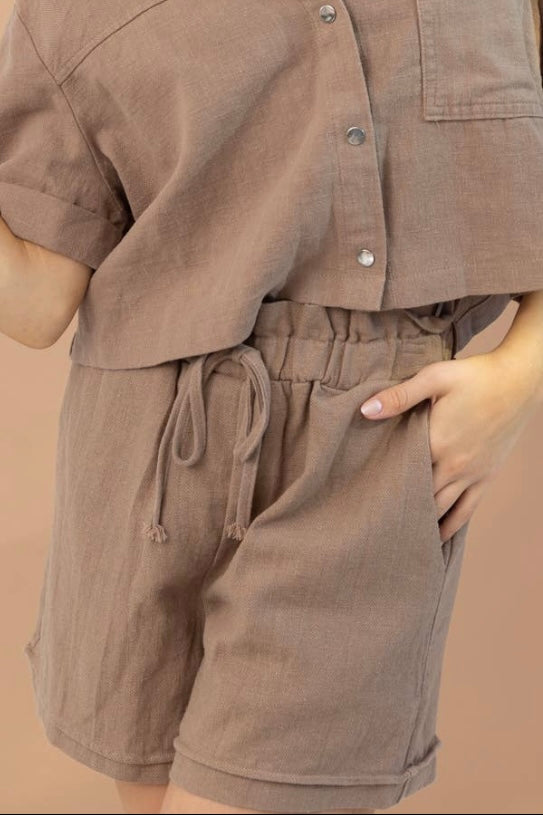 taupe linen shorts