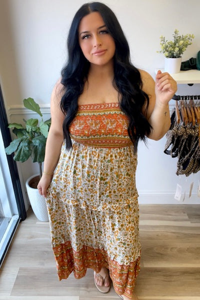 orange + yellow paisley strapless maxi