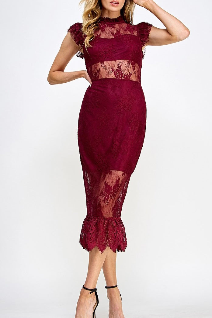 cranberry ruffle + lace dress