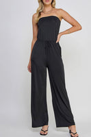 wide leg black strapless jumpsuit