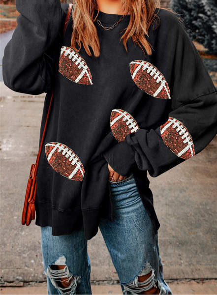 Sequin Football Patch Slit Sweatshirt