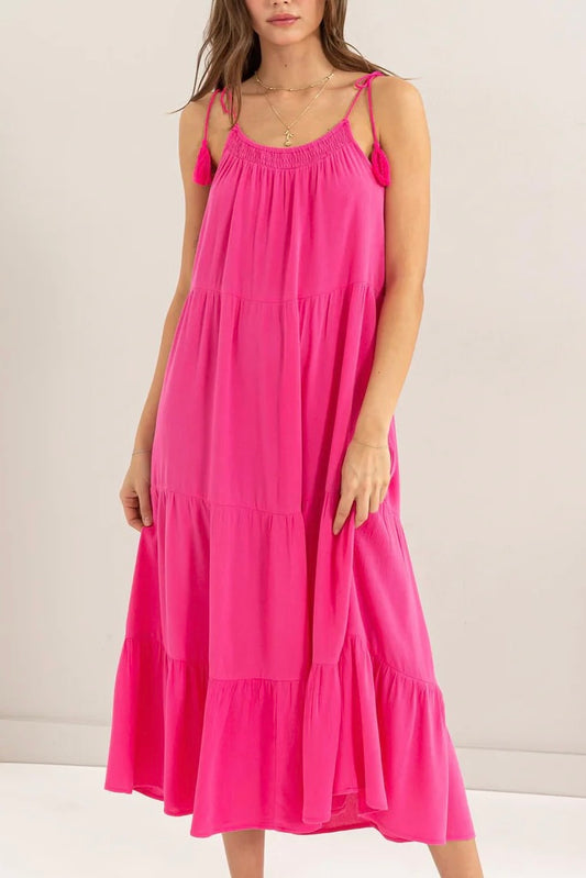 pink tassel tie midi dress