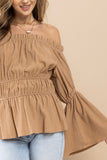 taupe bell sleeve off the shoulder blouse