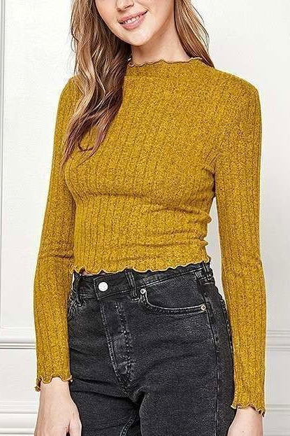 heathered mustard ribbed lettuce trim hacci top