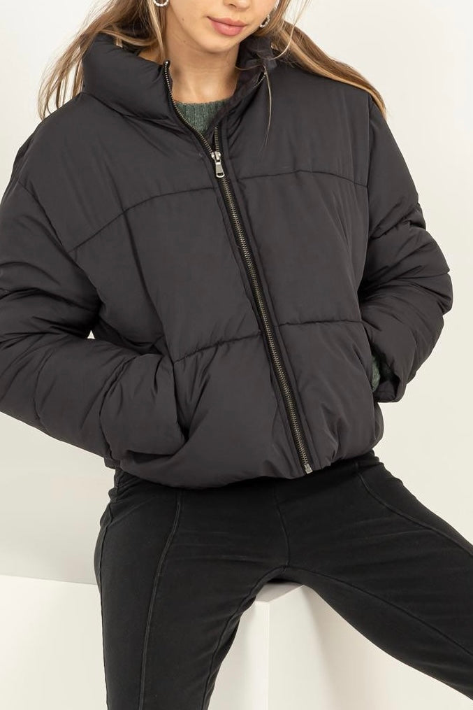 quilted black puffer jacket