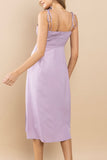 lilac satin midi dress