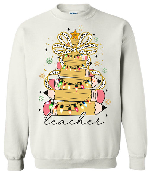 Teacher Christmas Pencil Tree - Tan Crewneck