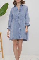 denim puff sleeve button down dress