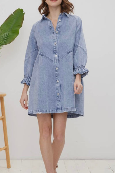 denim puff sleeve button down dress