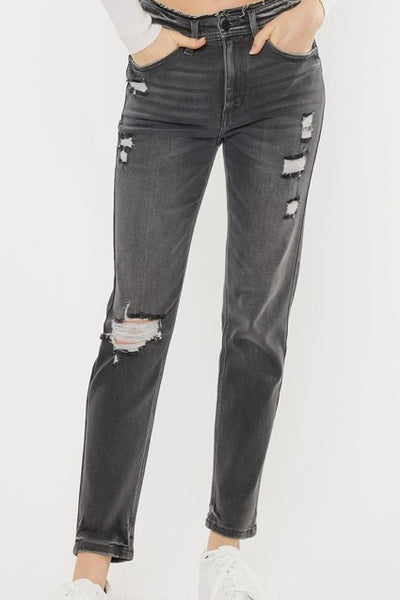 black wash distressed mom denim