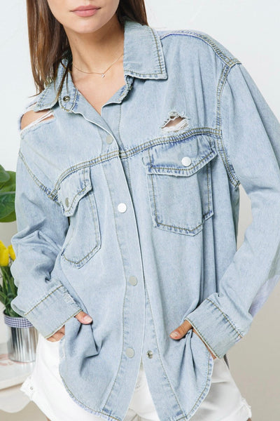 denim distressed button up shirt