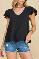 black swiss dot v neck blouse