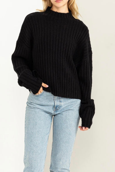 black mock neck ribbed sweater