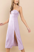 lilac satin midi dress