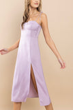 lilac satin midi dress