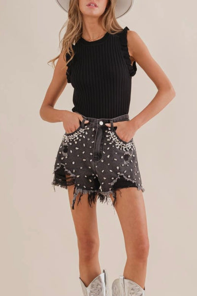 rhinestone black denim wash cutoffs