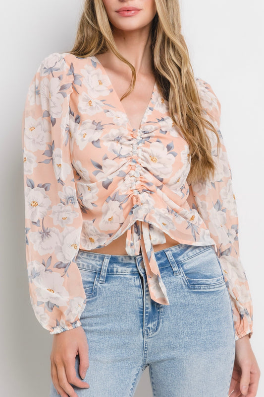 blush floral ruched longsleeve top