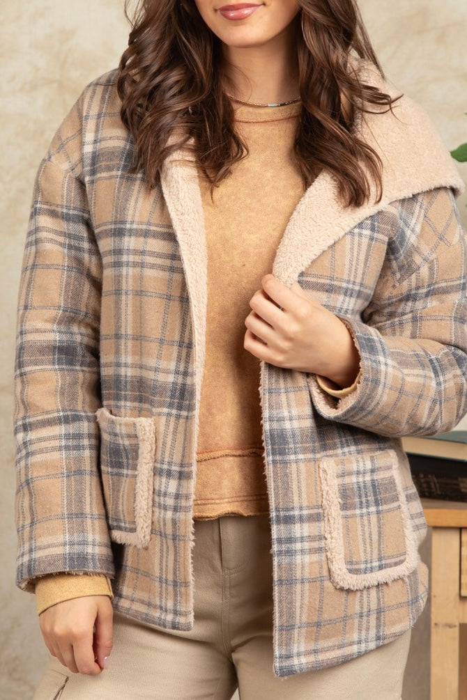 reversible flannel + plush shacket taupe mix