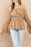 taupe bell sleeve off the shoulder blouse