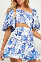 blue floral cutout dress