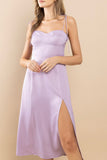 lilac satin midi dress