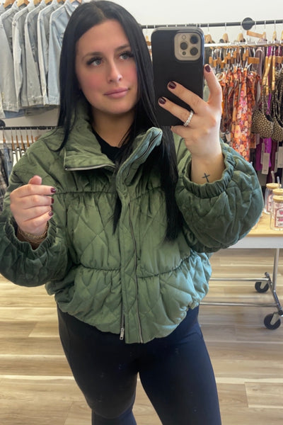 olive quilted velvet puffer