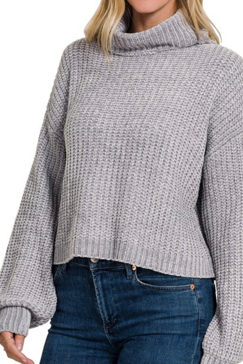 grey chenille turtleneck sweater