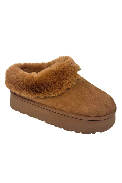 camel faux-fur platform slide