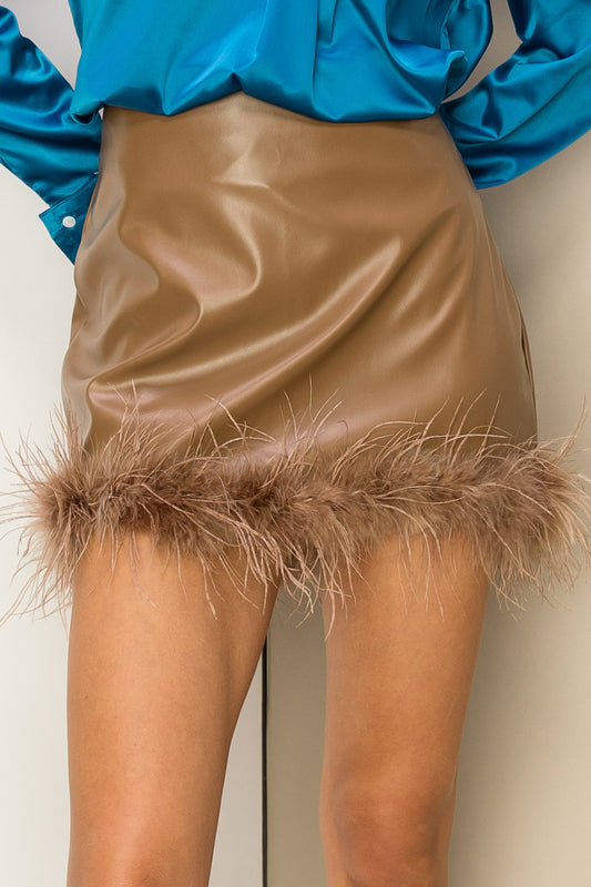 taupe faux leather + feather skirt