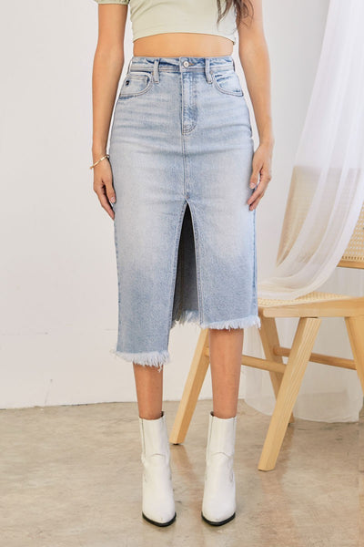 high rise asymetrical denim skirt