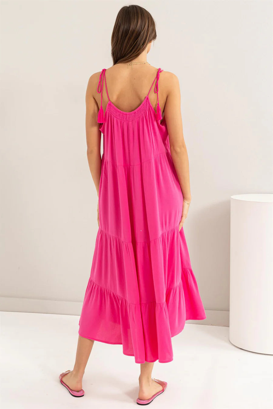 pink tassel tie midi dress