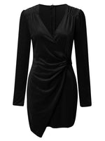 Velvet Ruched Surplice Long Sleeve Mini Dress