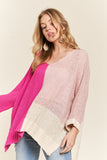 Pink Side Slit Color Block Long Sleeve Sweater