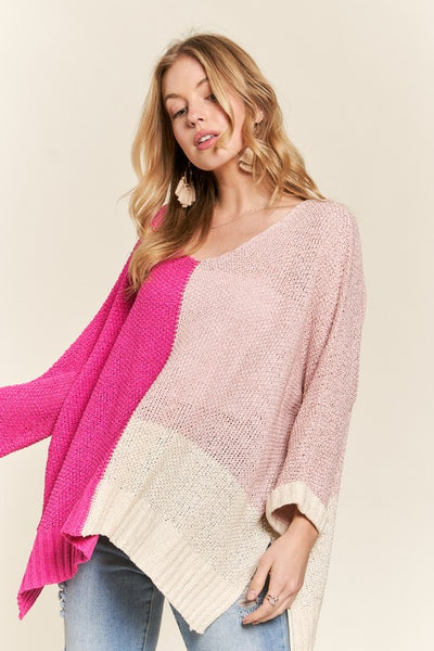 Pink Side Slit Color Block Long Sleeve Sweater