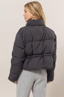 Black Quilted Back Drawstring Puffer Jacket