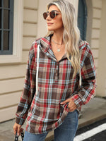 1/4 Button Drawstring Plaid Hooded Long Sleeve Top