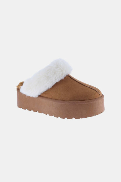 Chestnut Platform Bottom Faux Fur Trim Slip-Ons